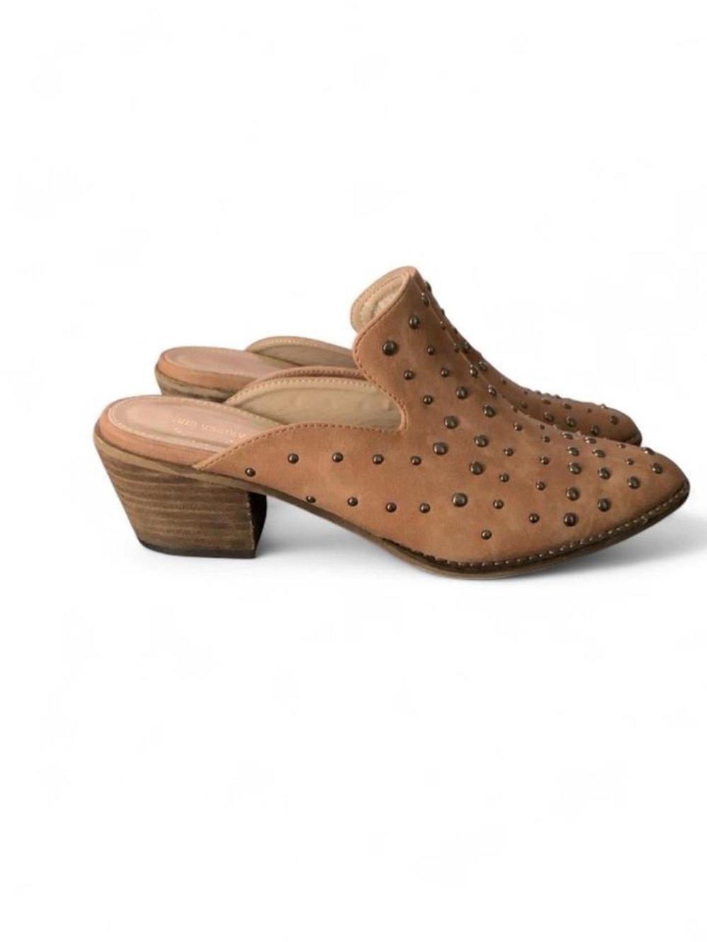 Studded Tan Suede Mule Heels - Women Shoes